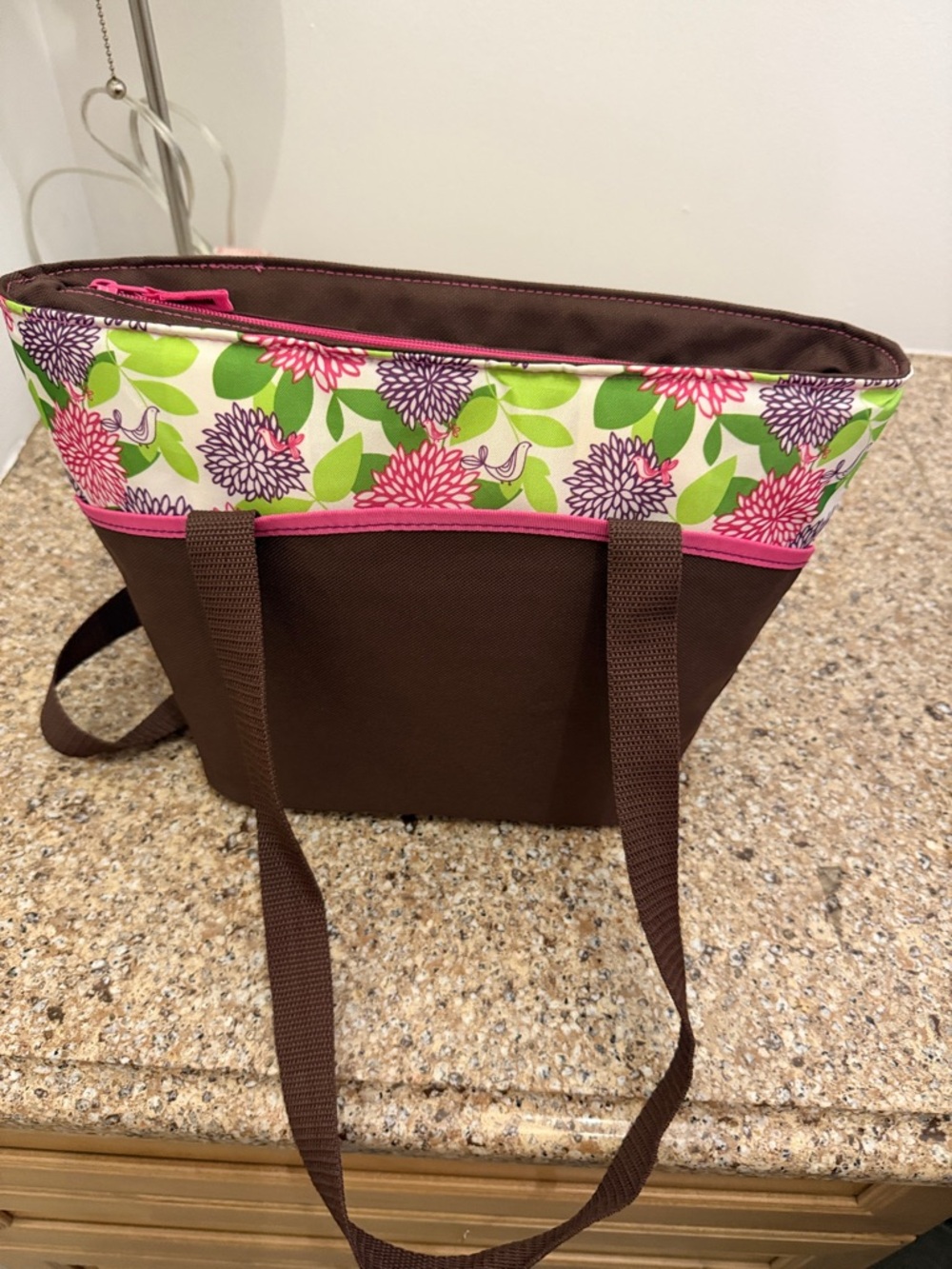 Thermos Brown Floral Print Tote with Pink Trim